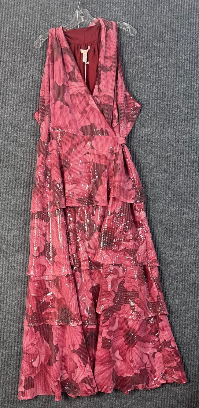 Hutch Paige Maxi Wrap Dress Womens Plus 3X Pink Floral All Over Sequins Ruffle